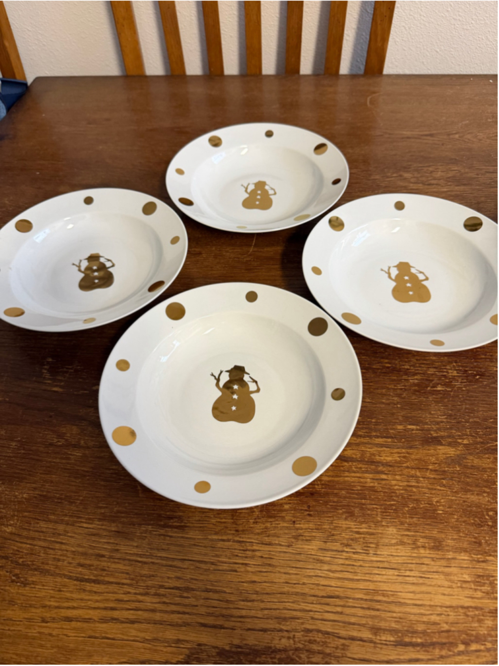 Century Fine China Gold Snowman Christmas Bowls 8" White Gold Set of 4
